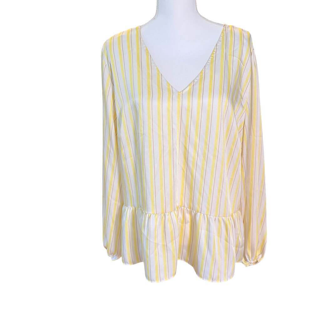 Nine West Yellow Striped Peplum Blouse XXL